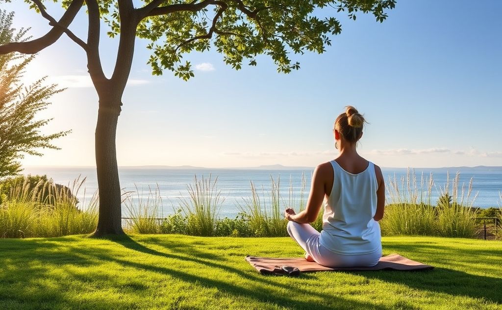 Meditate peacefully in a serene outdoor setting