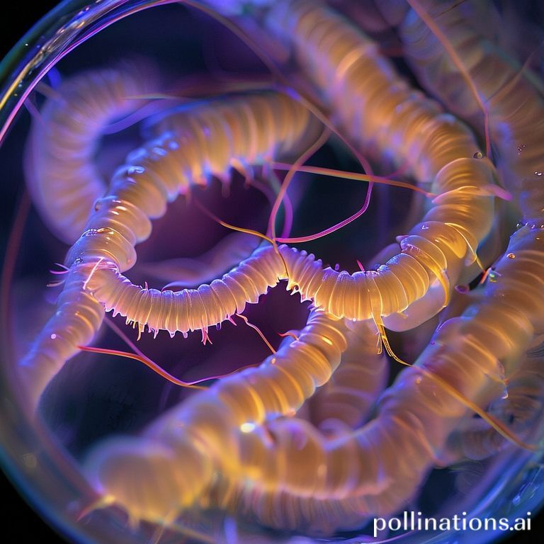 Ilustrasi cacing C. elegans transparan di cawan petri dengan penanda fluoresen, melambangkan penemuan ilmiah.