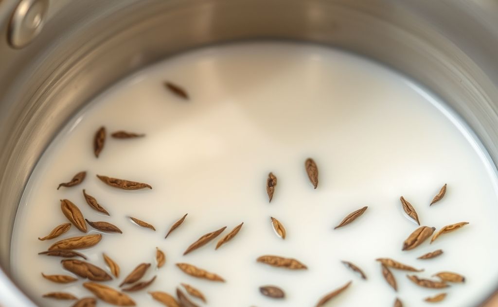 Milk in a kettle with steam and tea leaves.