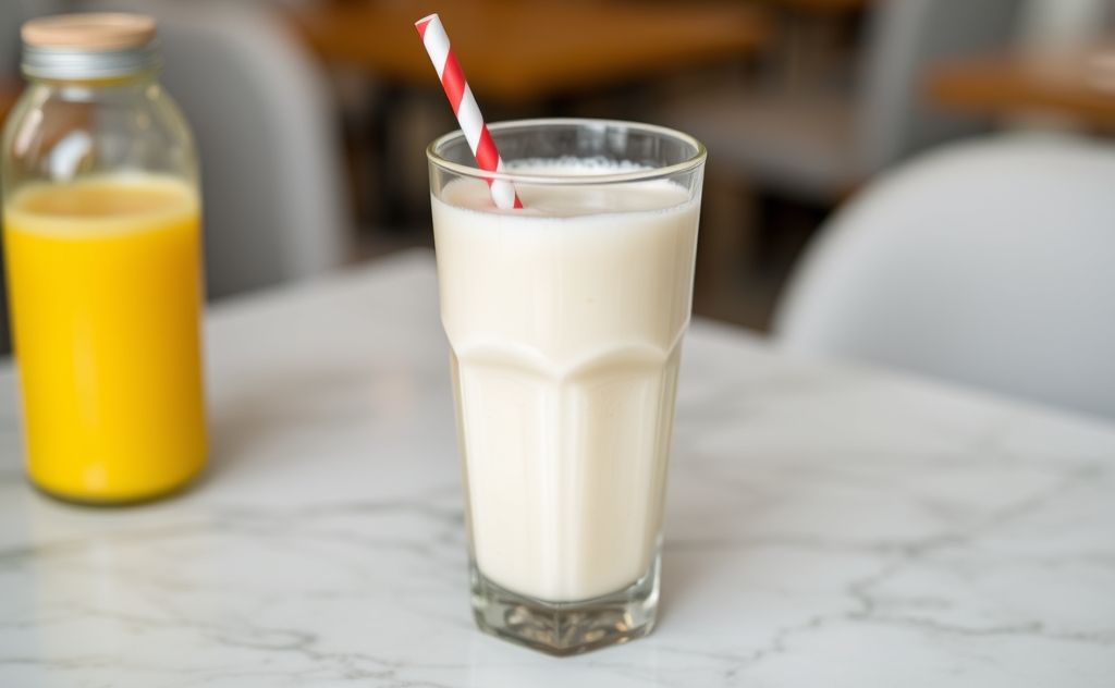 Milkshake in a glass with a straw on a table