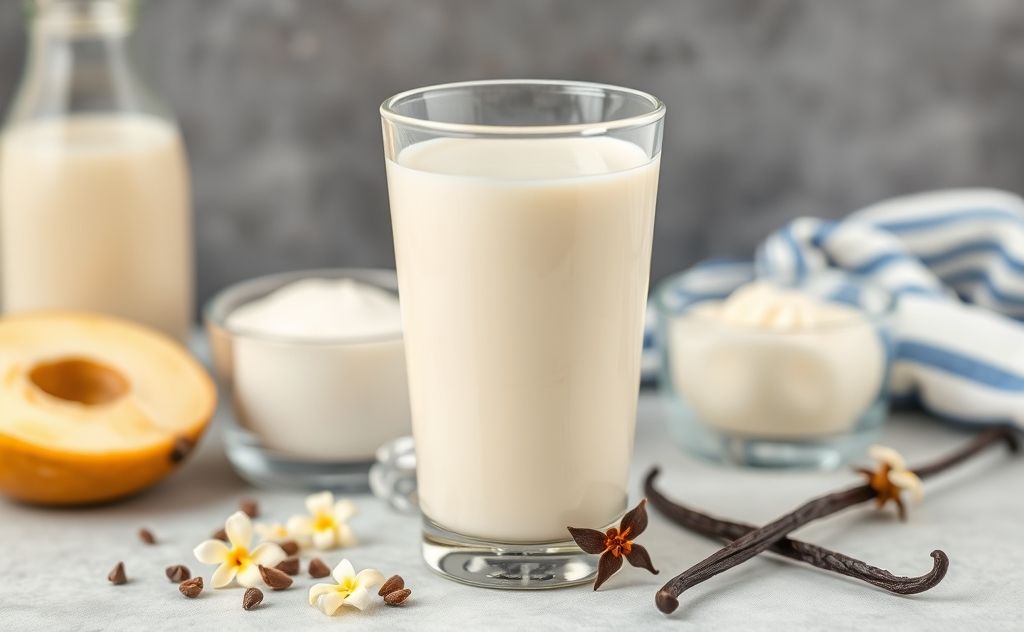 Milkshake ingredients in a glass with vanilla beans
