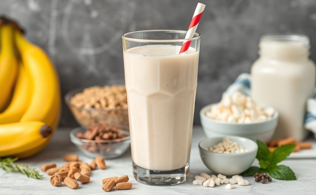 Milkshake with protein ingredients and a glass