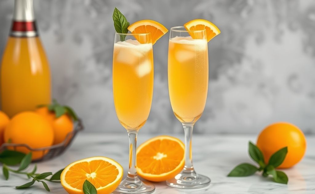 Mimosas drink with fresh oranges and champagne