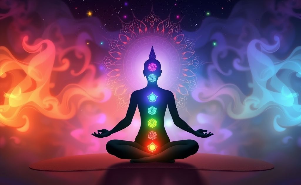 Mindful breathing with vibrant chakra symbols