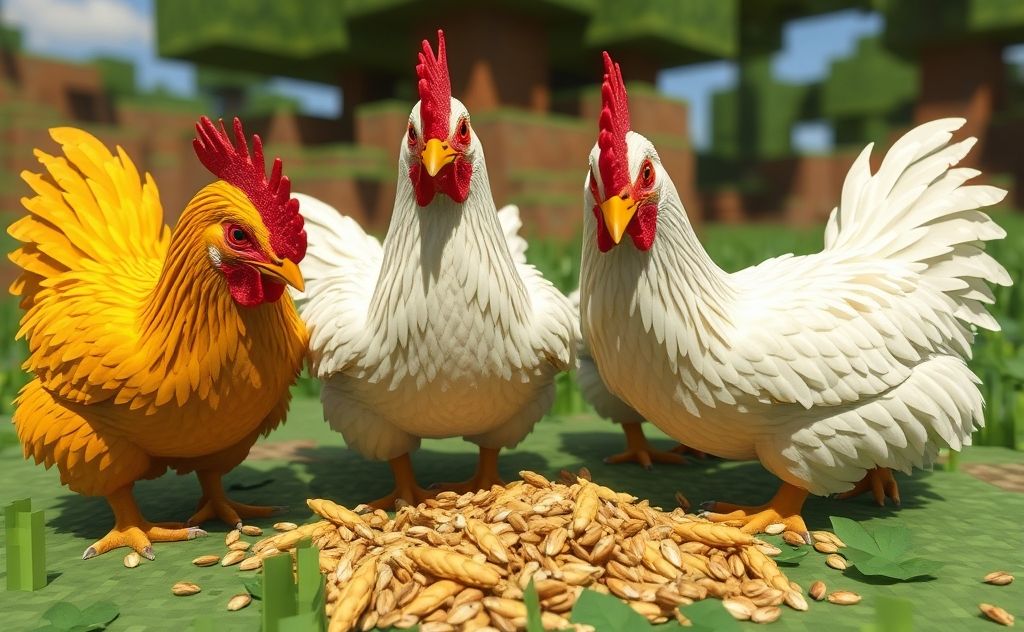 Minecraft chickens eating seeds and grains