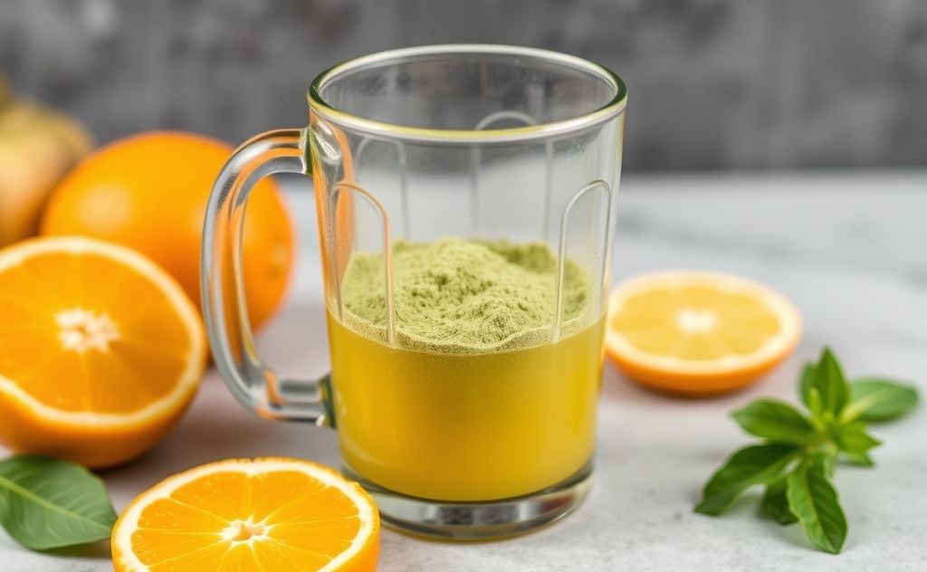 Mix green powder with orange juice easily