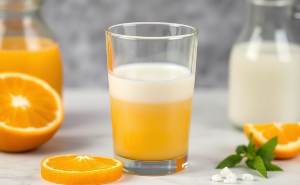 Mix orange juice and milk in a glass
