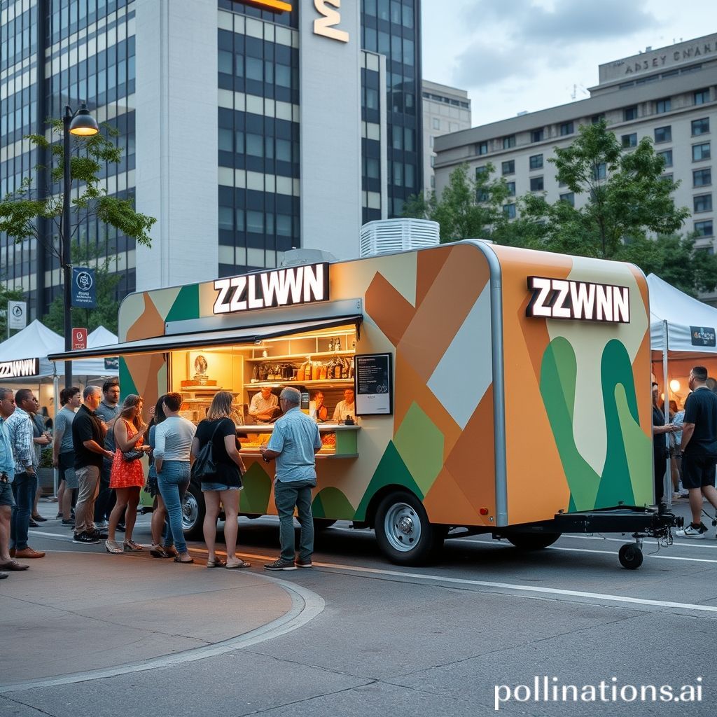 Image of a sleek, modern ZZKNOWN food truck parked at a city event with a line of customers