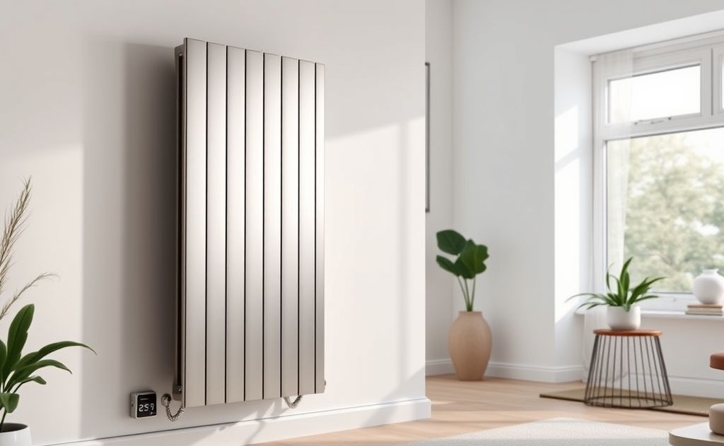 Modern central heating radiators with smart tech features.
