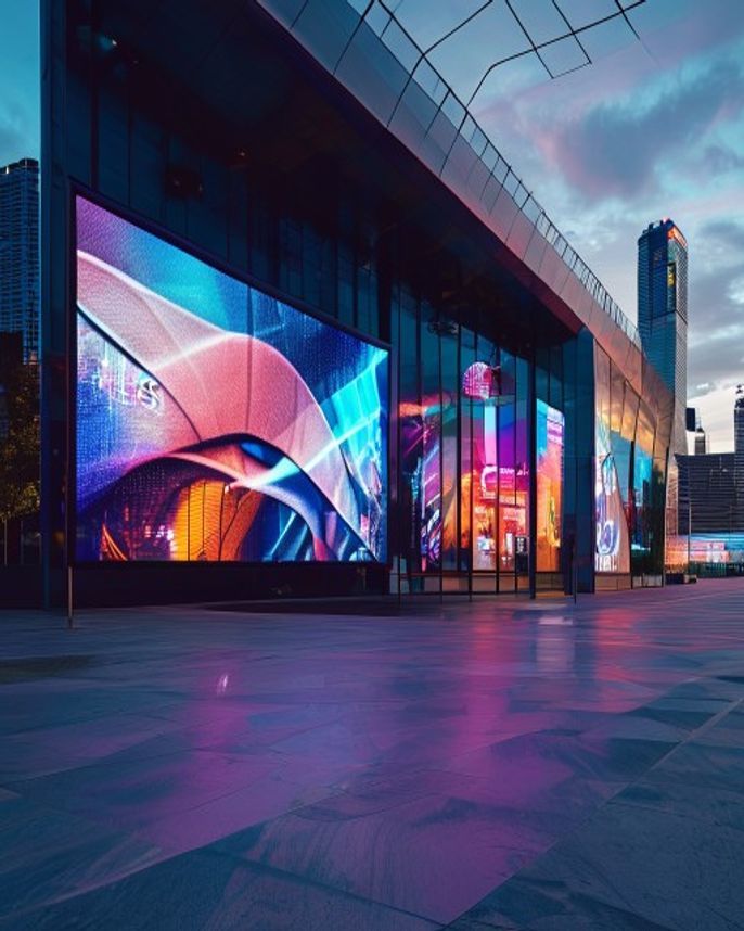A modern digital sign outside a sports arena in Los Angeles, capturing a dynamic ad with professional lighting and a realistic city environment.