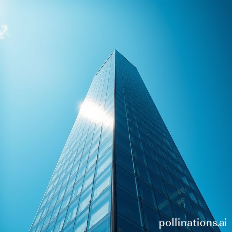 A striking low-angle view of a modern office building with a glass facade, reaching towards a clear sky.