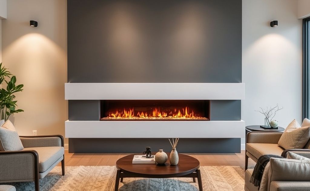 Modern linear electric fireplace in a cozy setting