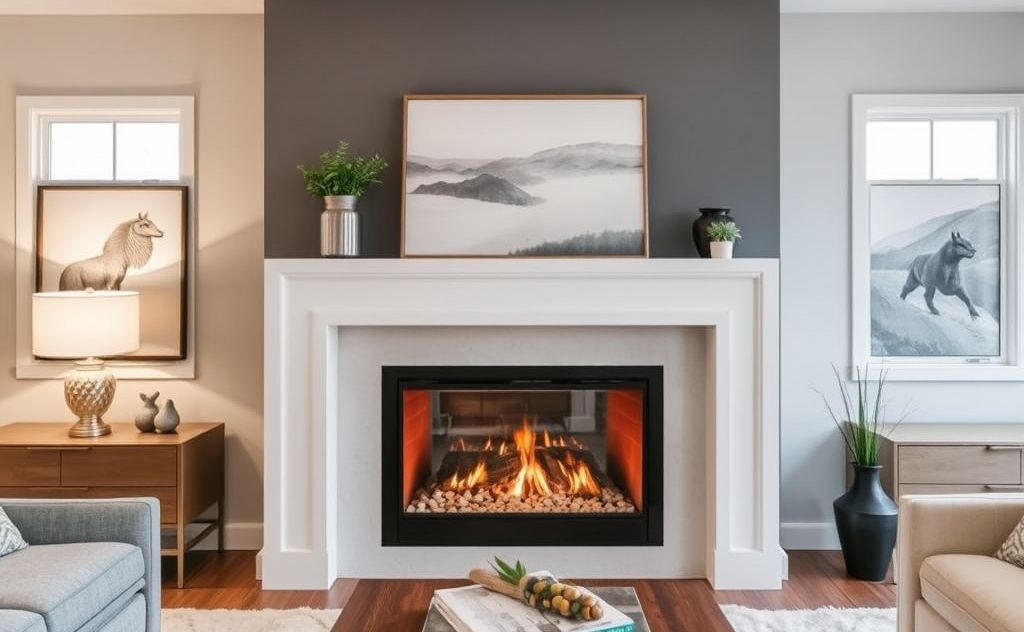 Modern mantel design around gas fireplace