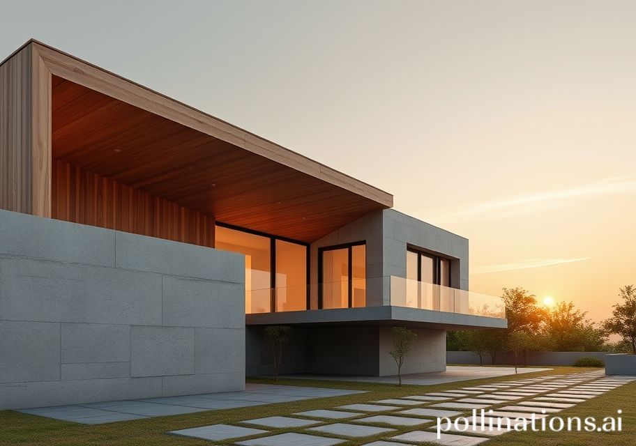 Render 3D rumah modern minimalis dengan fasad kayu dan beton ekspos