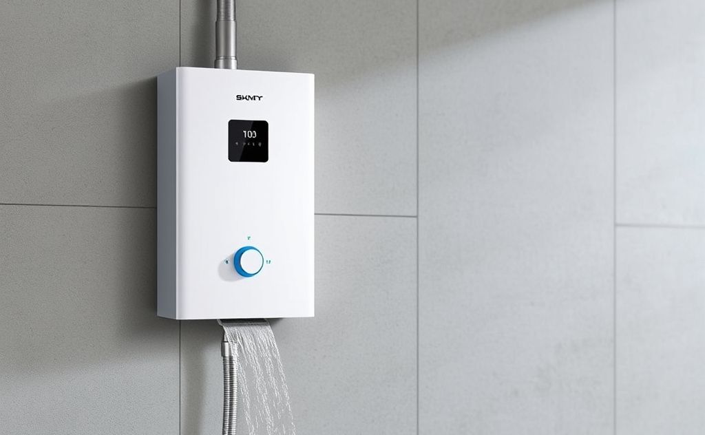 Modern tankless water heater with sleek design and flowing water