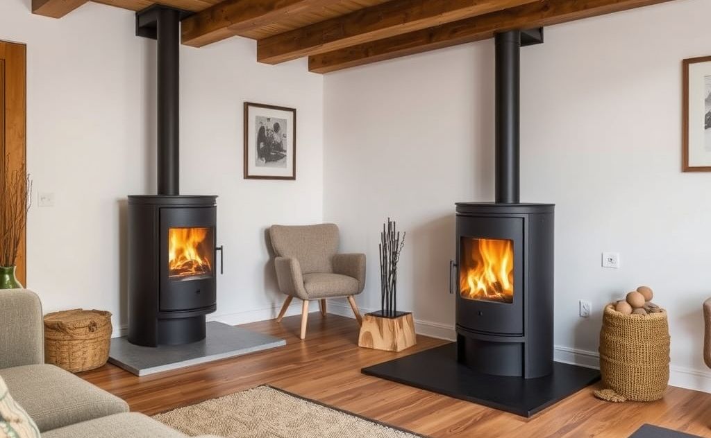 Modern wood-burning stoves enhance cozy living spaces.