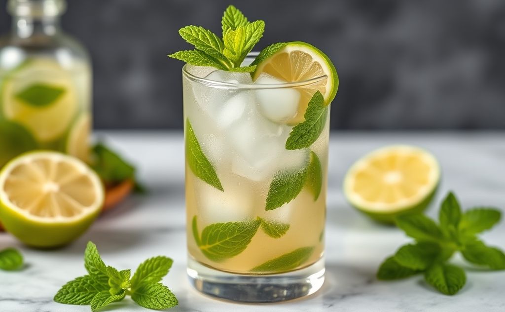 Mojito cocktail with fresh mint and lime garnish