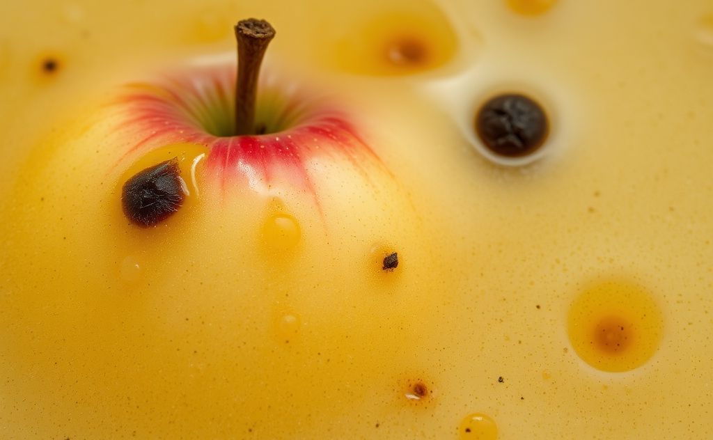 Moldy apple juice with dark spots and fuzz