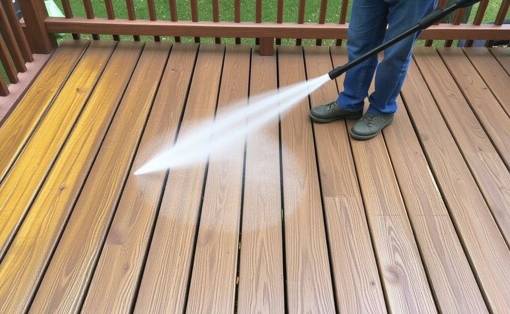 Moldy deck boards being cleaned with a pressure washer.