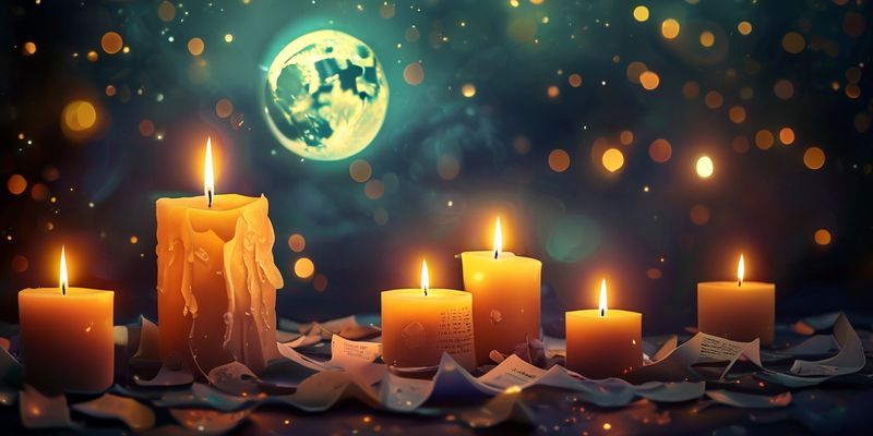 Dolunay ışığında mum ve dilek kağıtları