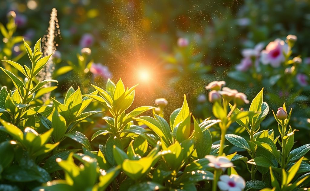 Morning sunlight glistening on freshly watered garden plants.