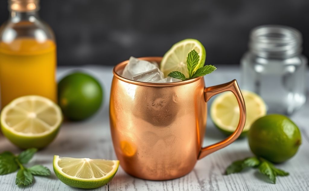 Moscow Mule drink with copper mug and lime