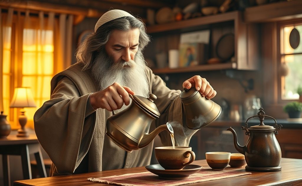 Moses brewing tea with a cozy kettle