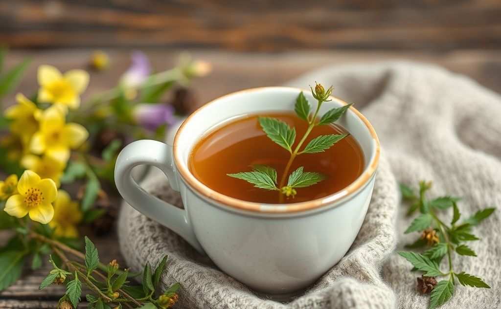 Mullein tea in a cozy cup with herbs around it