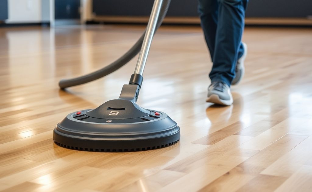 Multi-surface gym floor vacuum in action.