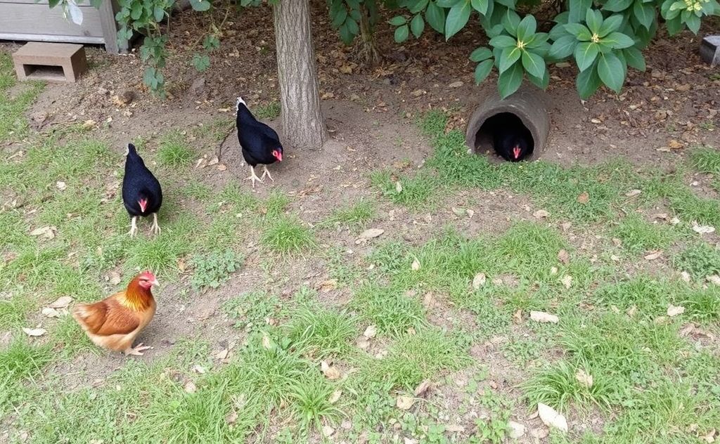 Multiple hiding spots for chickens from hawks