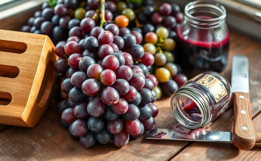 Muscadine grapes in juicing process with tools
