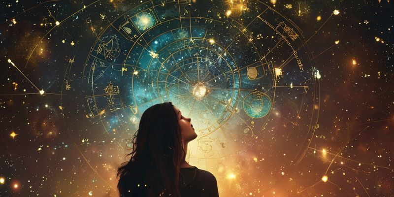 Astroloji haritası ve yıldızlara bakan kadın