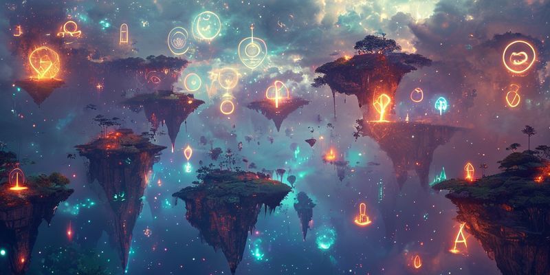 Gizemli rüya manzarası, yüzen adalar ve parlayan semboller