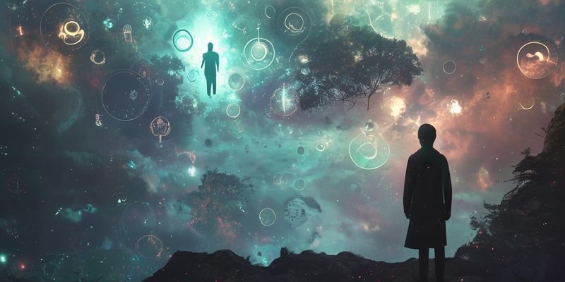 Gizemli rüya manzarası, yüzen semboller ve dışarıya bakan bir figür