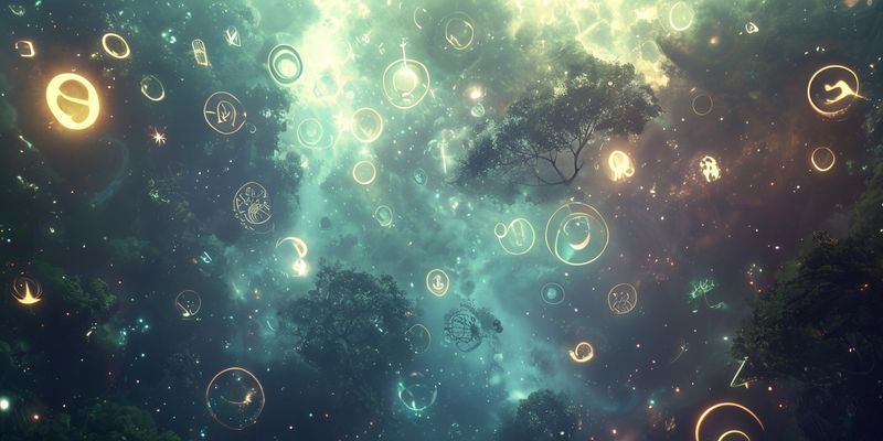 Gizemli rüya manzarası, yüzen semboller ve ruhani ışık