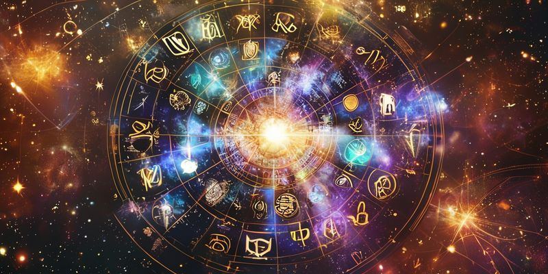 Gizemli parlak numeroloji tablosu, astrolojik semboller ve kozmik arka plan