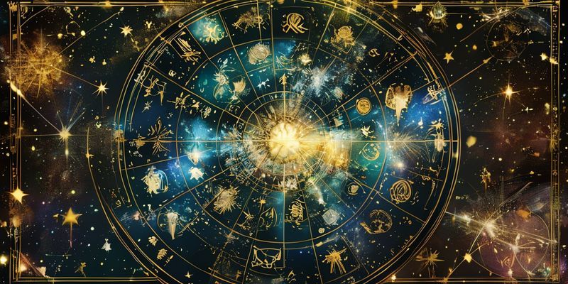 Gizemli astroloji haritası, parlayan yıldızlar ve burç sembolleri