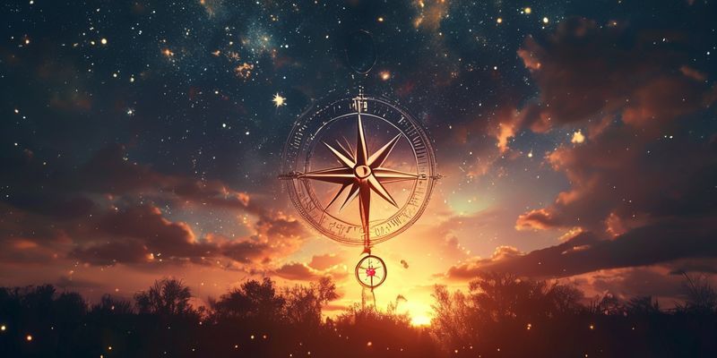 Gün batımında yıldızlarla dolu gökyüzü, içinde bir pusula sembolü beliren mistik bir atmosfer