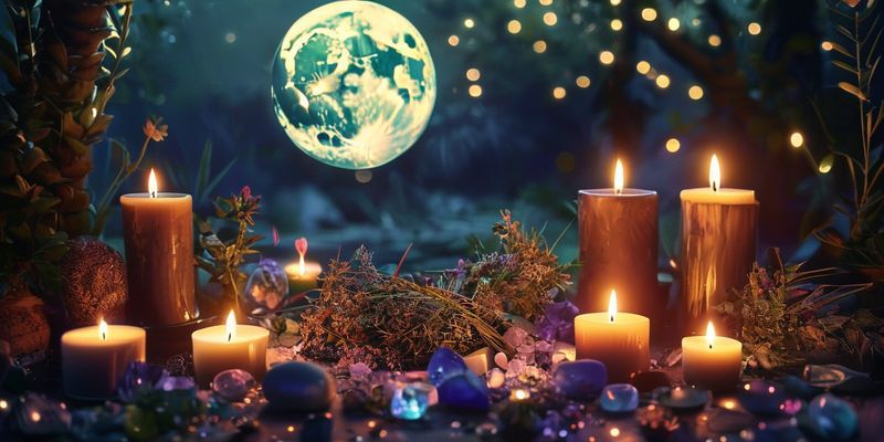Dolunay ritüeli için mumlar, kristaller ve bitkilerle hazırlanmış mistik bir düzenleme.