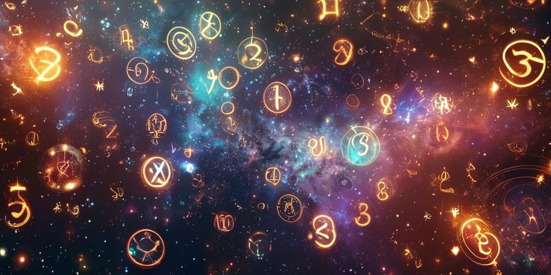 Gizemli sayıların kozmik bir arka planda yüzdüğü ve parıldayan astroloji sembollerinin yer aldığı bir görsel