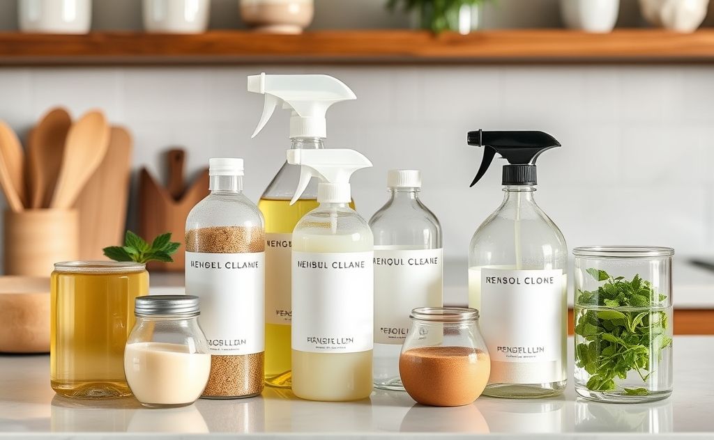Natural cleaning products in eco-friendly containers on a kitchen counter