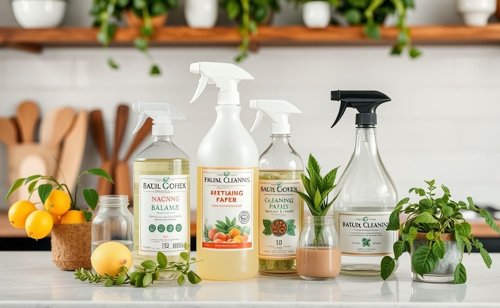 Natural cleaning products on a kitchen counter with plants.