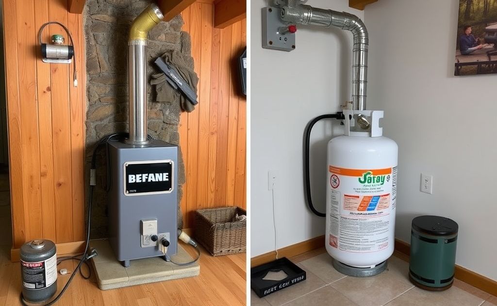 Natural gas heater transformed to propane setup in a cozy home.