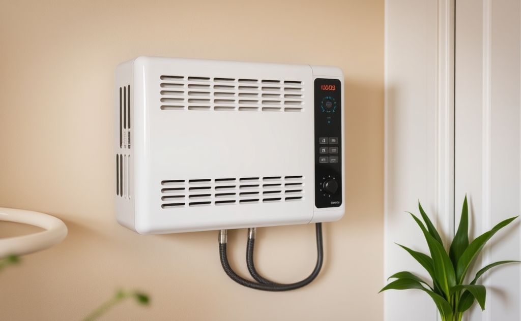 Natural gas wall heater in a cozy home setting, emphasizing safety.