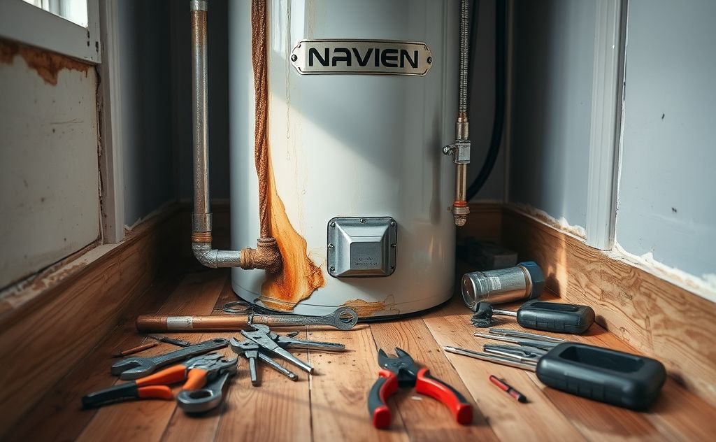 Navien water leak with visible damage and repair tools