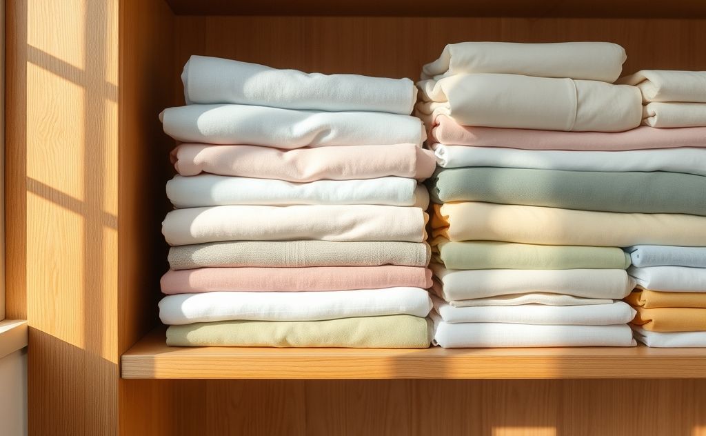 Neatly folded clothes arranged in organized stacks on a shelf.