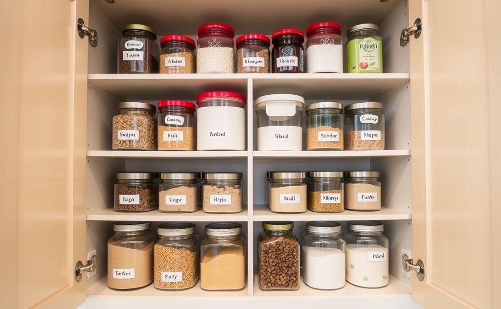 Neatly organized kitchen cabinets filled with labeled containers and jars.