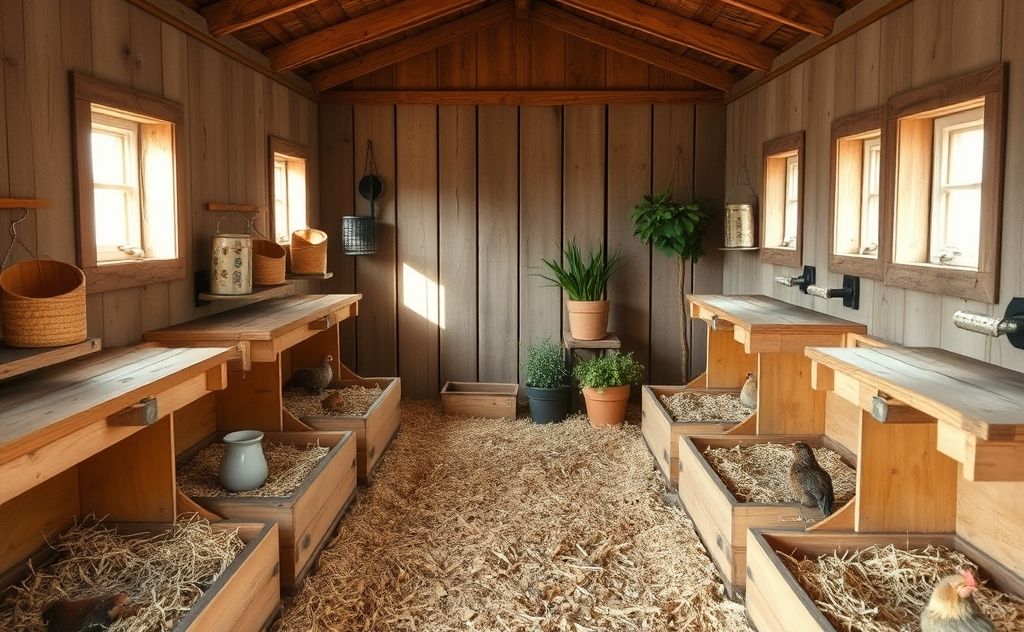 Nest boxes for 10 chickens in a cozy coop setting