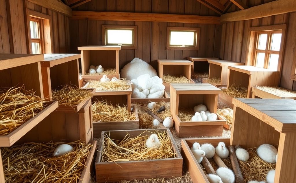 Nesting boxes filled with straw and soft bedding