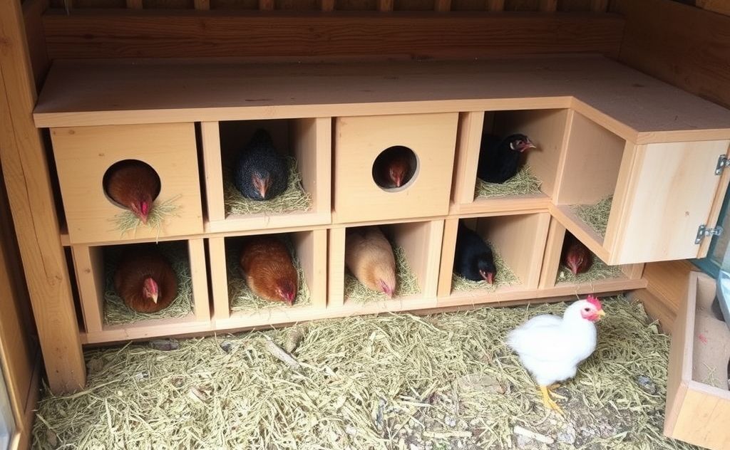 Nesting boxes for 12 chickens in a cozy coop